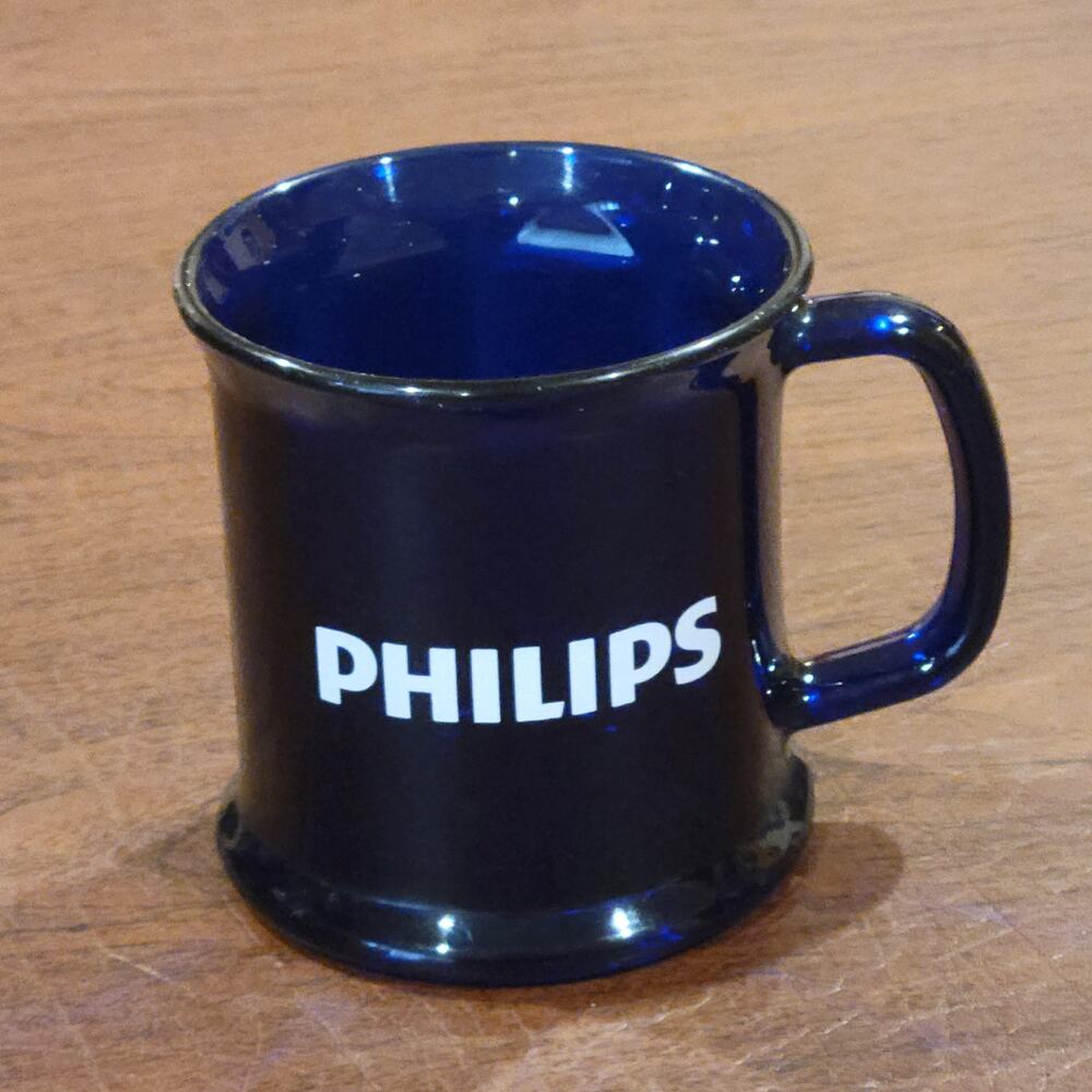 Vintage Cobalt Blue Glass Coffee Mug Cup Made in USA PHILLIPS LOGO